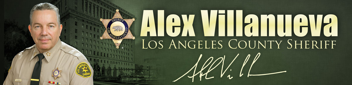 Sheriff alex villanueva graphic. portrait of sheriff in tan shirt black tie. Sheriff's uniform, on greeen background with the hall of justice building behind him faded in the back ground.